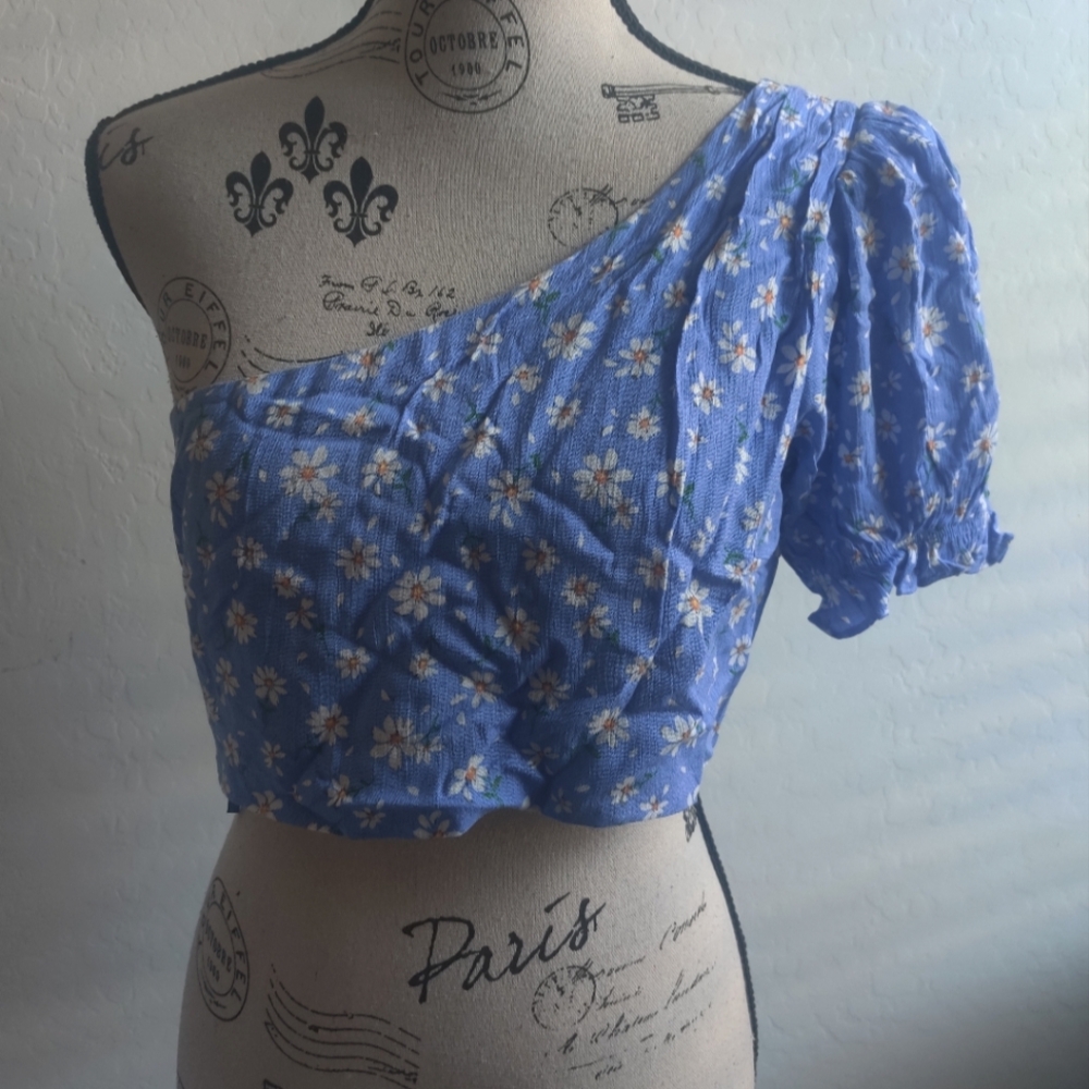 🆕 Seven Wonders Floral boho Bohemian One-Shoulder Puff Sleeve Crop Top_XS/M/XL